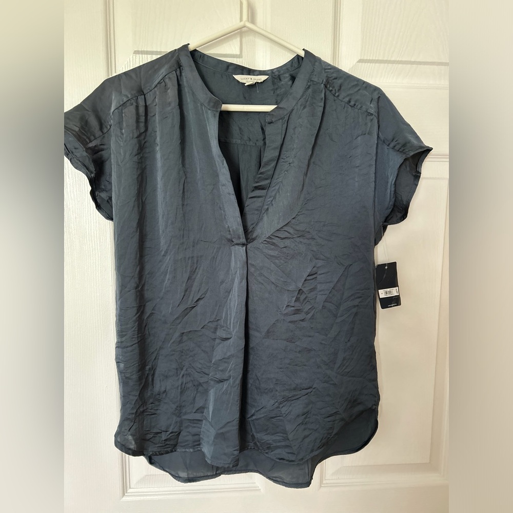 Lucky Brand Slate Blue Short Sleeve V-Neck Tunic Blouse